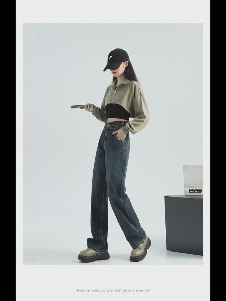 Женские джинсы широкого кроя сине-серого цвета с высокой талией, маленького размера, длиной до пола, с нестандартной косой пряжкой, идеально подходят для весны и осени.