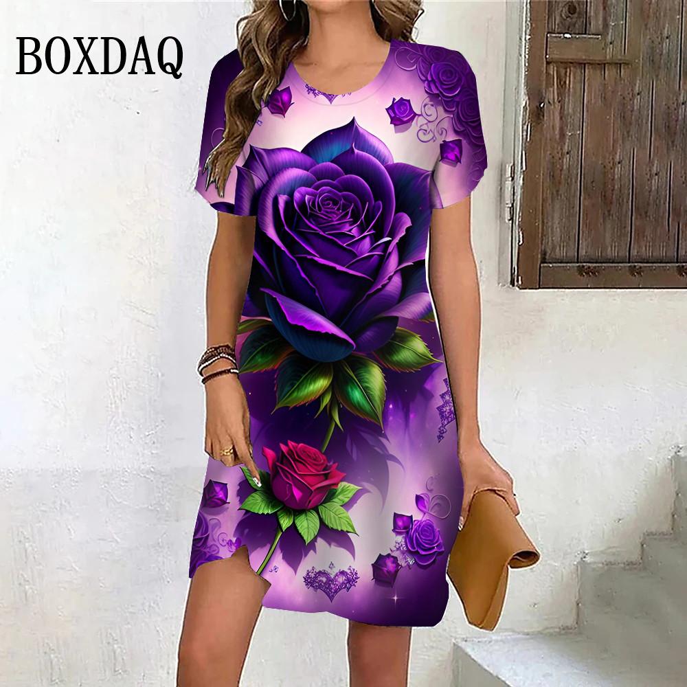 Летнее пляжное вечернее платье для женщин с принтом в виде роз в стиле тай-дай, повседневное платье с коротким рукавом и круглым вырезом, свободная женская одежда