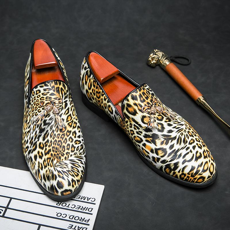 Leopard Print Men Casual Shoes Fashion Mens Slip On Flats Handmade Leather Mens Loafers Stylish Moccasins Male Driving Footwear