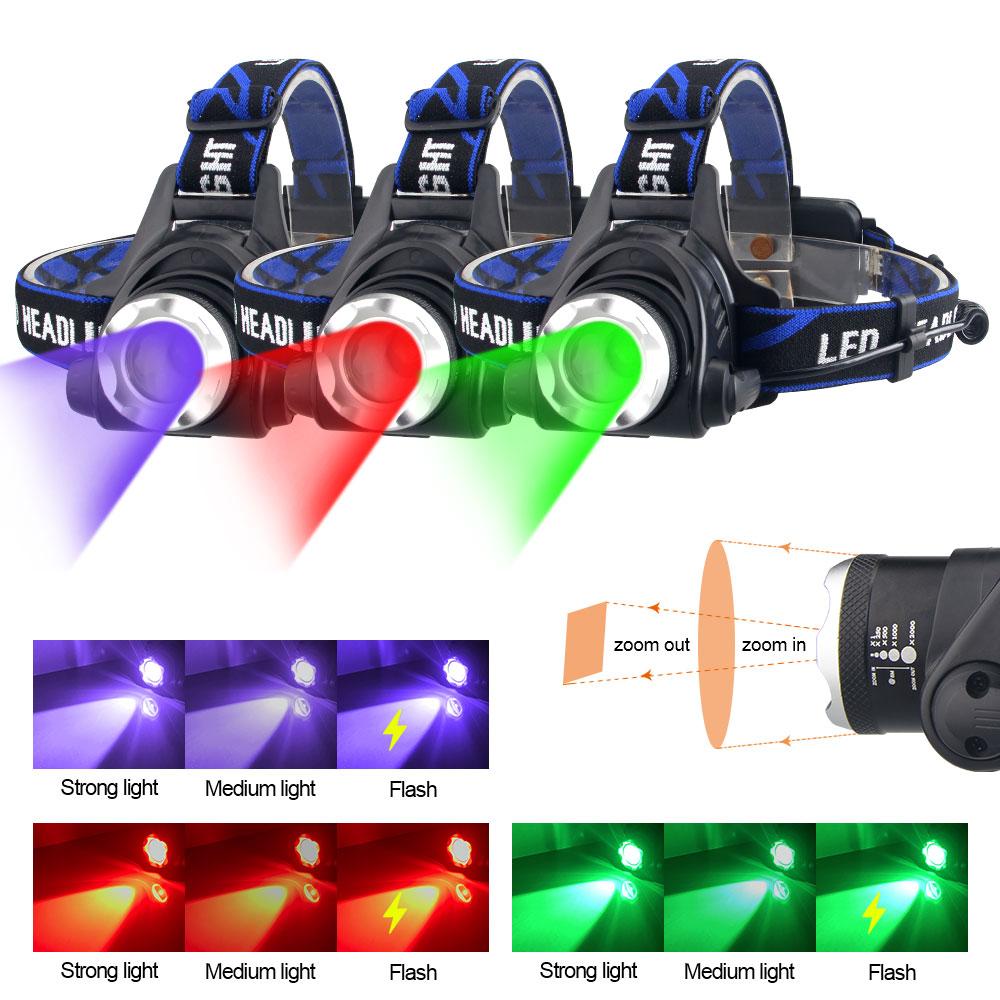 Outdoor Tactical red/green/UV395nm Violet Headlamp 3-speed Zoom LED Fishing Headlamp Hunting Strong Flashlight