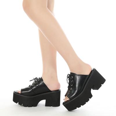 Сандалии-мулы с открытым носком, женская обувь без шнуровки, черная летняя обувь из мягкой кожи на платформе, на массивном каблуке, на шнуровке, большие размеры