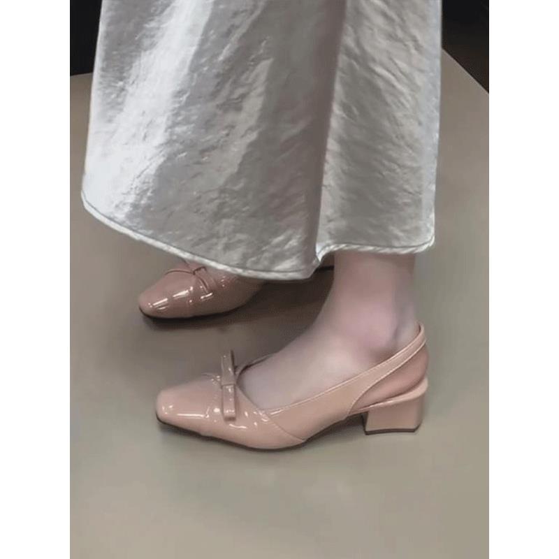 Нежные босоножки с квадратным носком и бантом, женские летние, для улицы, пустые, на низком коротком каблуке, на толстом каблуке