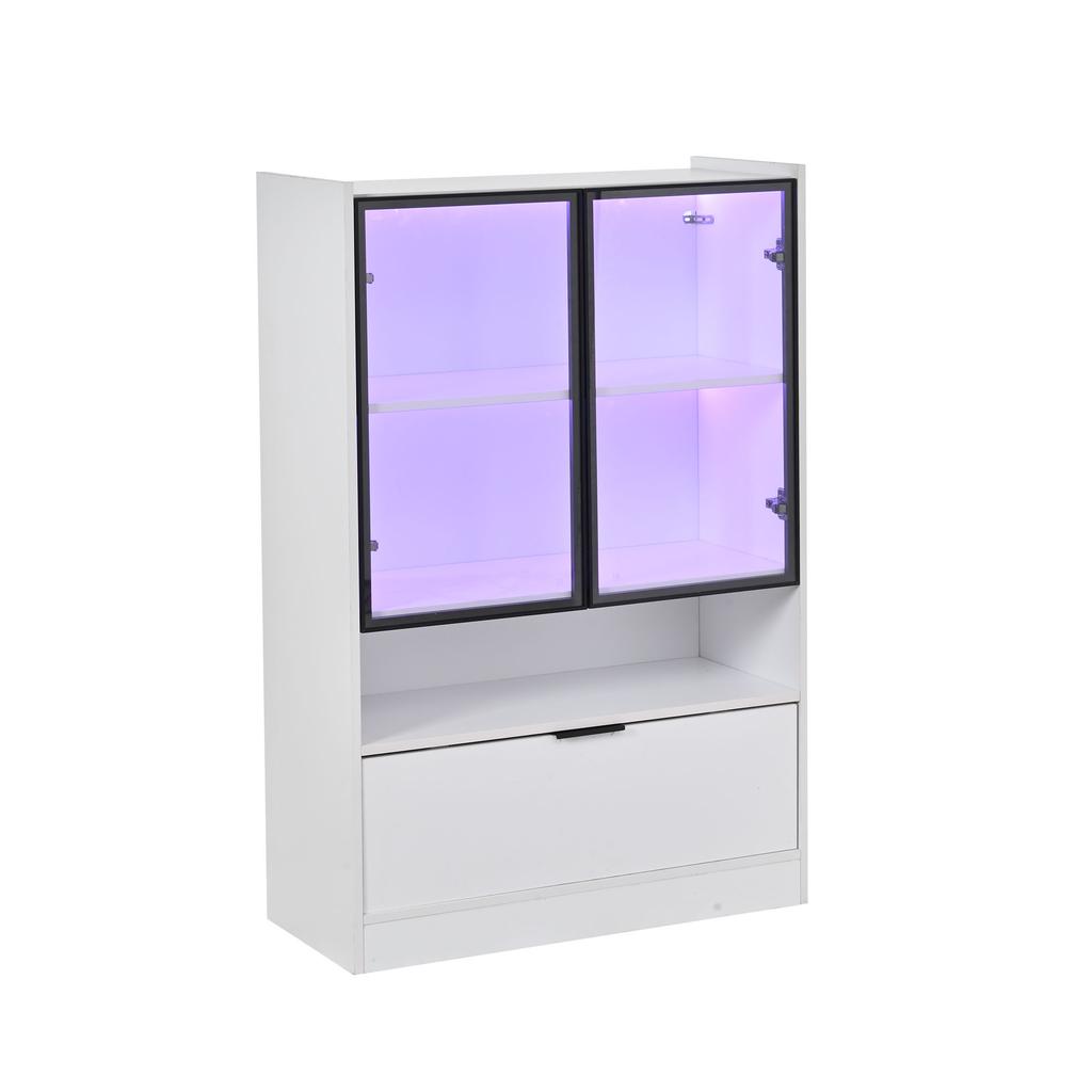 Modern LED Display Cabinet Height 120cm with LED Lighting, Living Room Cabinet with Glass Doors and Folding Door, Chipboard Display Cabinet, White