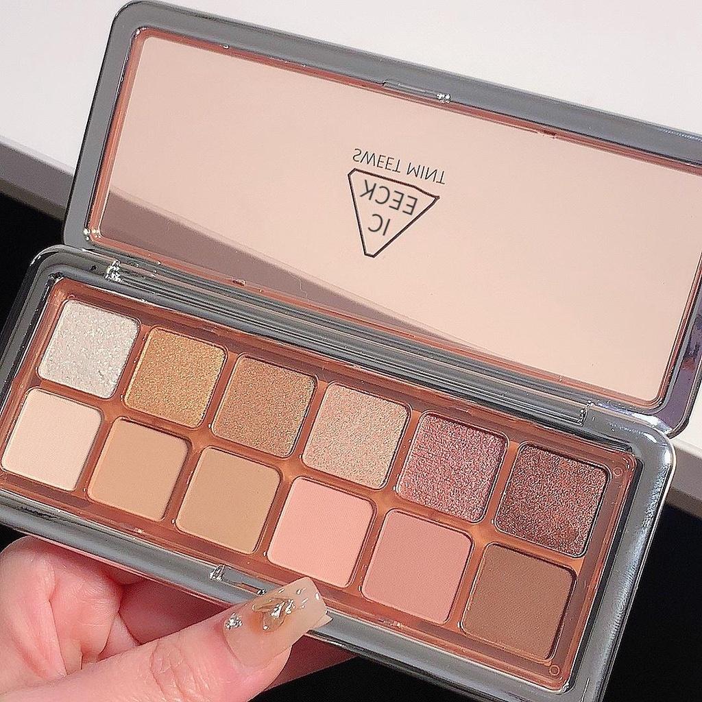 12 Color Eyeshadow Tray Pearlescent Fine Flash Natural Highlight Brightening Reclining Silkworm Waterproof Eyeshadow Lasting Setting Women's Makeup