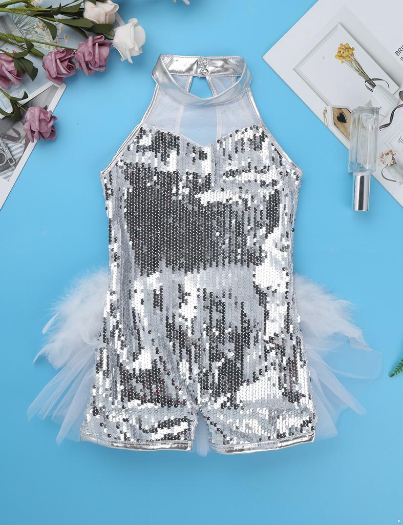 Kids Girls Ballet Latin Dance Costumes Sleeveless Sequins Mesh Splice Cutout Back Leotard Jumpsuit