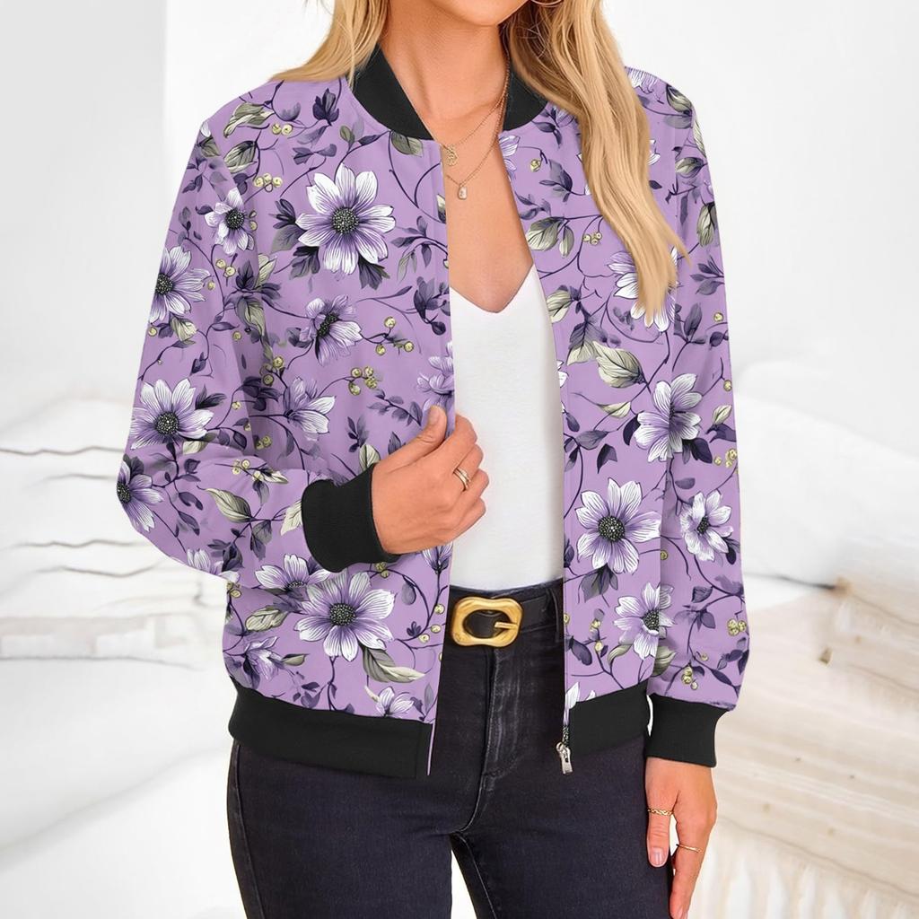 Women's Fashion Long Sleeve Floral Print Round Neck Zip Up Jacket