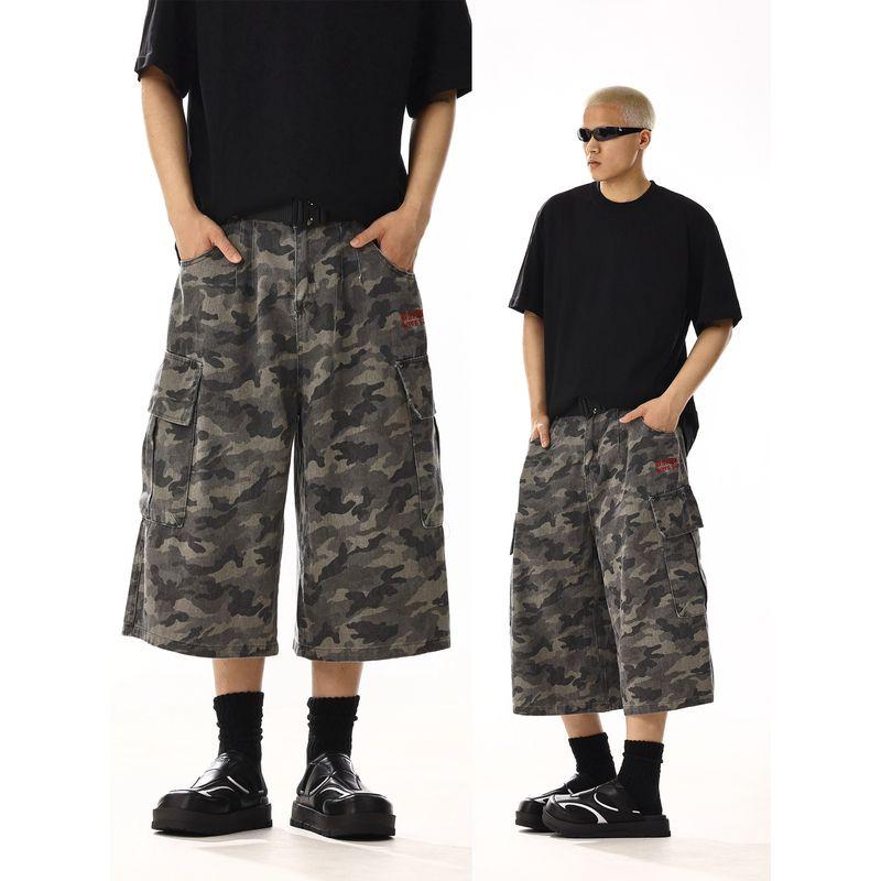 American vintage Washed Camouflage Demin shorts Summer New Men's and Women's Loose Wide-Leg Casual Cargo Straight Pants