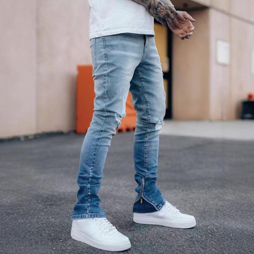 Foot Open Zipper High Quality 4 Color Water Ripped Jeans Men'S Straight Trousers