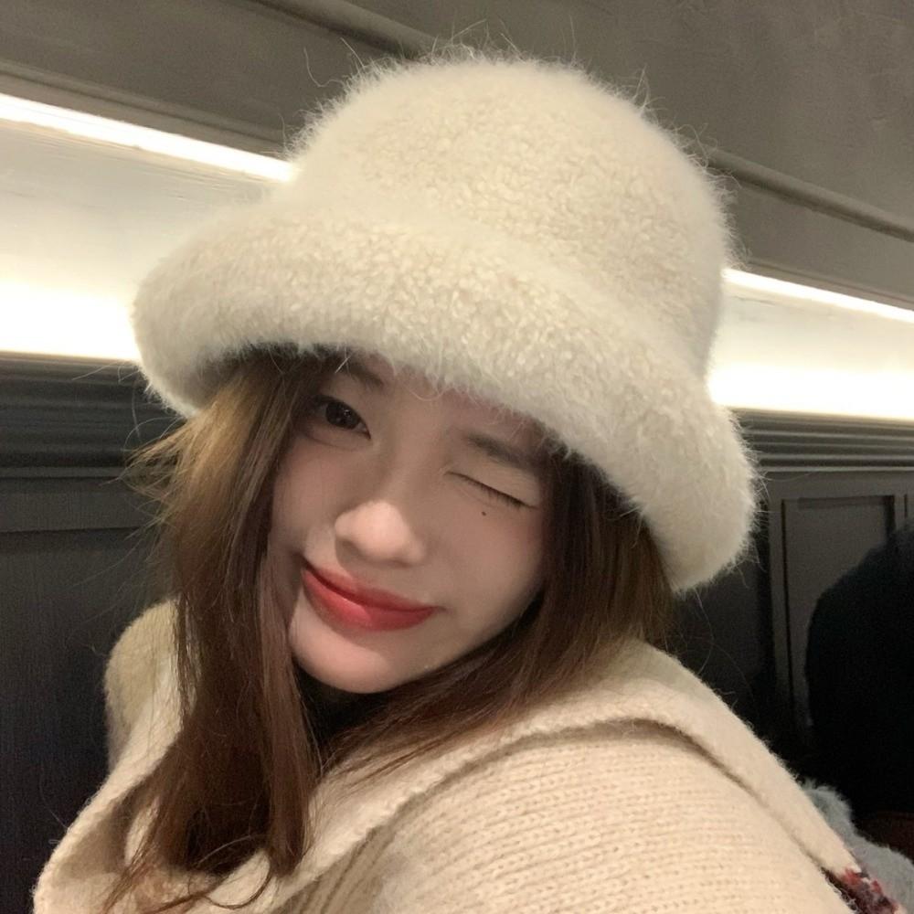 Face Slimming Fuzzy Fisherman Hat Rabbit Fur Blend Rolled Brim Hat Warm Winter Bucket Hat Girls