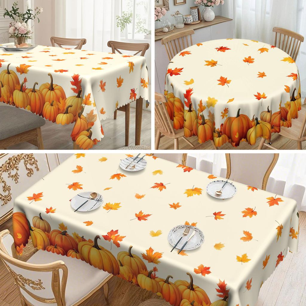 1 Piece, Thanksgiving Tablecloth, Autumn Harvest Pumpkin And Maple Leaf Design, Rectangular Round, Polyester Fabric