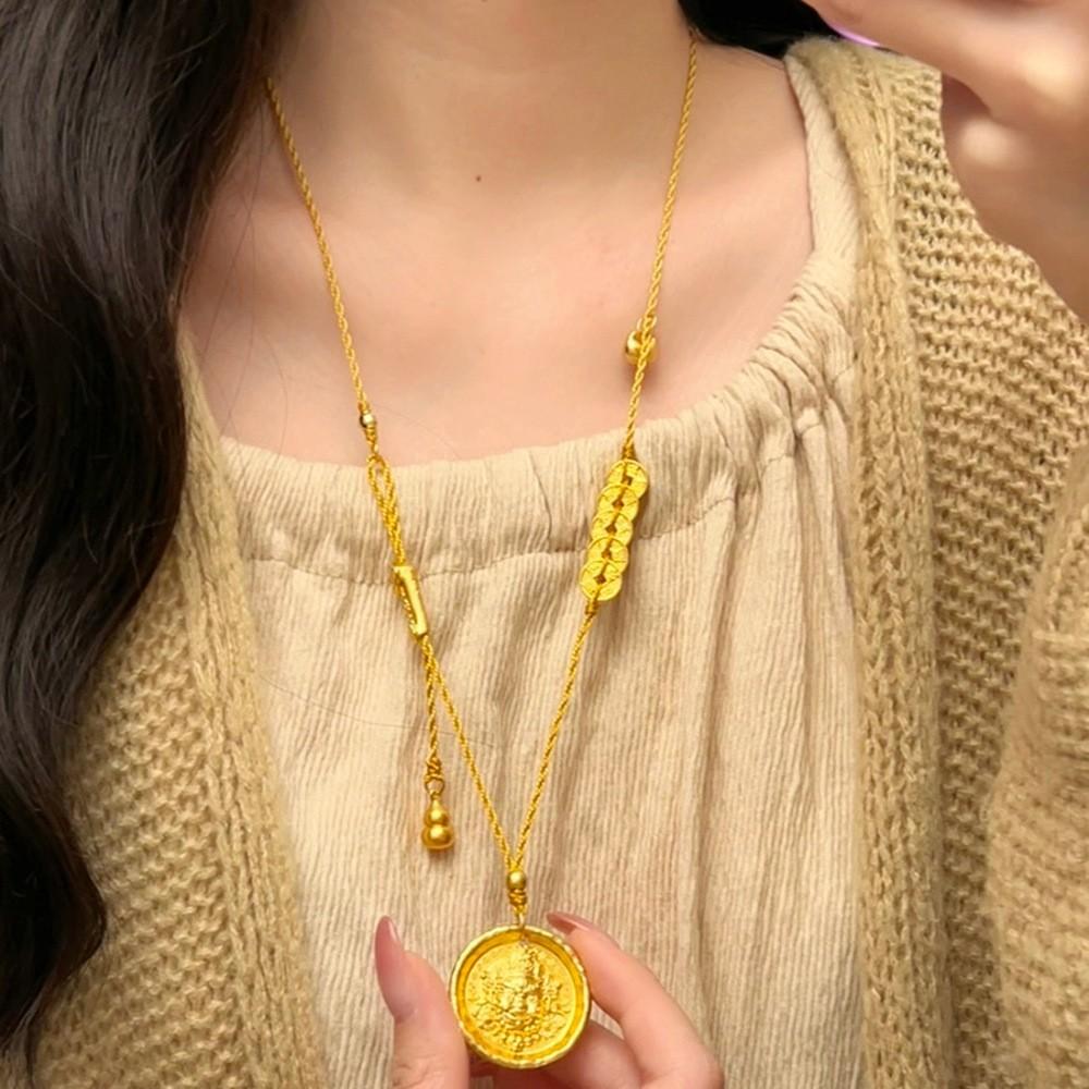 Ancient Yellow God of Wealth Qing Dynasty Five Emperors' Coins Necklace Temperament New Woven Gourd Tassel Elegant