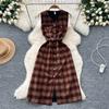 Осень Зима Женские Винтажные Платья Миди Твид Танк с V-образным вырезом в клетку на одной пуговице с поясом