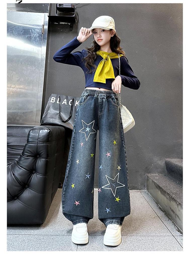 Women's 2025 Autumn Retro Star Embroidered Wide-Leg Jeans
