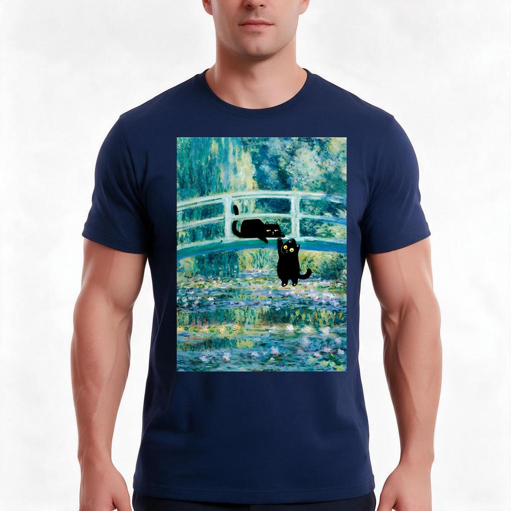 Bridge over a Pond of Waterlilies Cat TShirt Summer Casual Cotton Tee Oversized Streetwear Tops Vintage Graphic Print