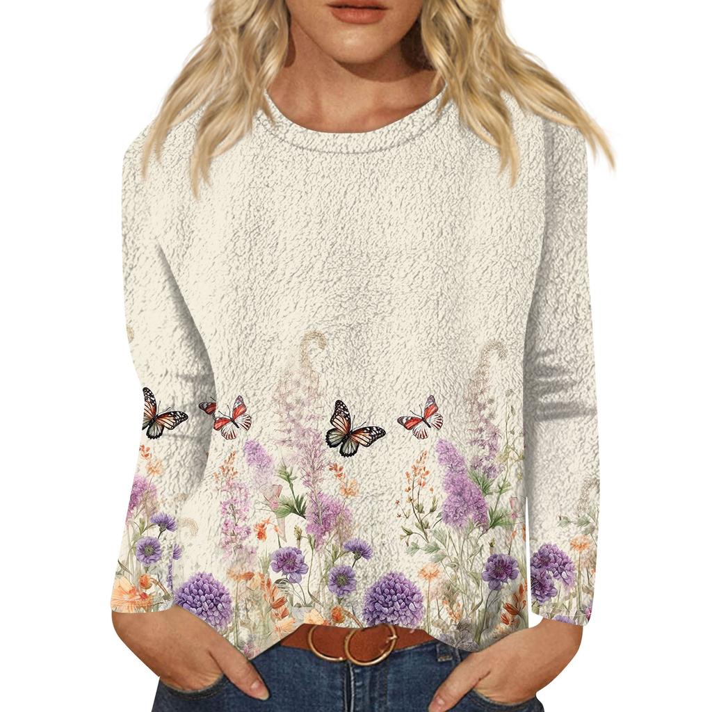 Женская модная повседневная фланелевая футболка с длинным рукавом и круглым вырезом с принтом