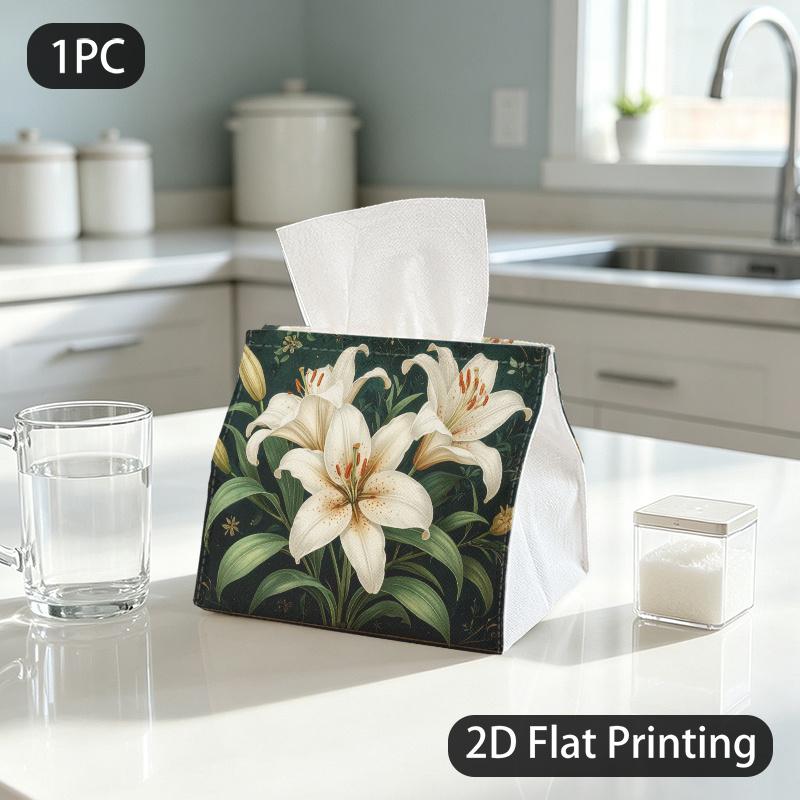 1pc Tissue Box, Vintage Botanical White Lilies Graceful Pure Pattern, 2D Flat Printing, Polyester Fabric, Easy to Carry, Tissue Container, for Everyda