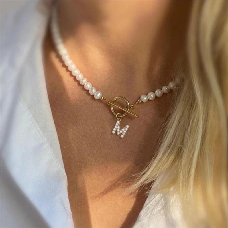 Elegant Simulated-pearl Gold OT Buckle 26 Letters Pendant Necklace for Women Vintage Choke Collares Jewelry Girls Gifts