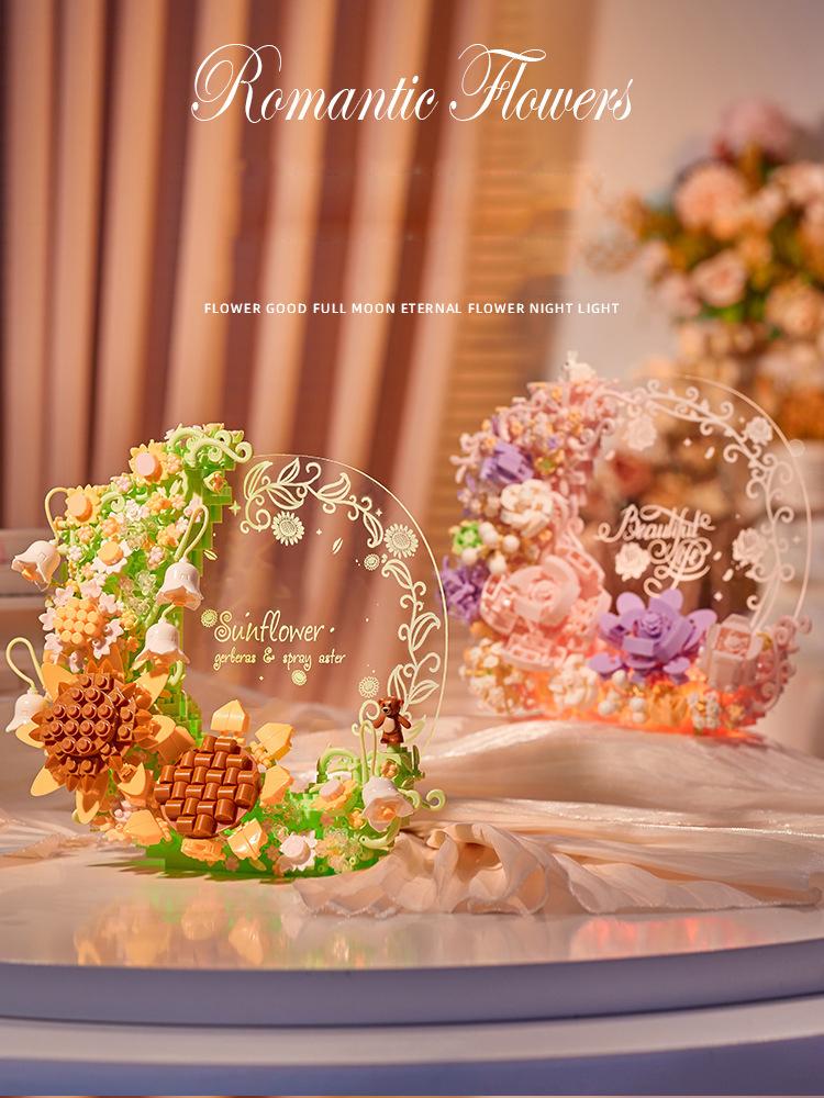 Romantic Idea Flower Building Brick Rose Sunflower Moon Message Board Block Model Educational Toys With Light For Girls Gift