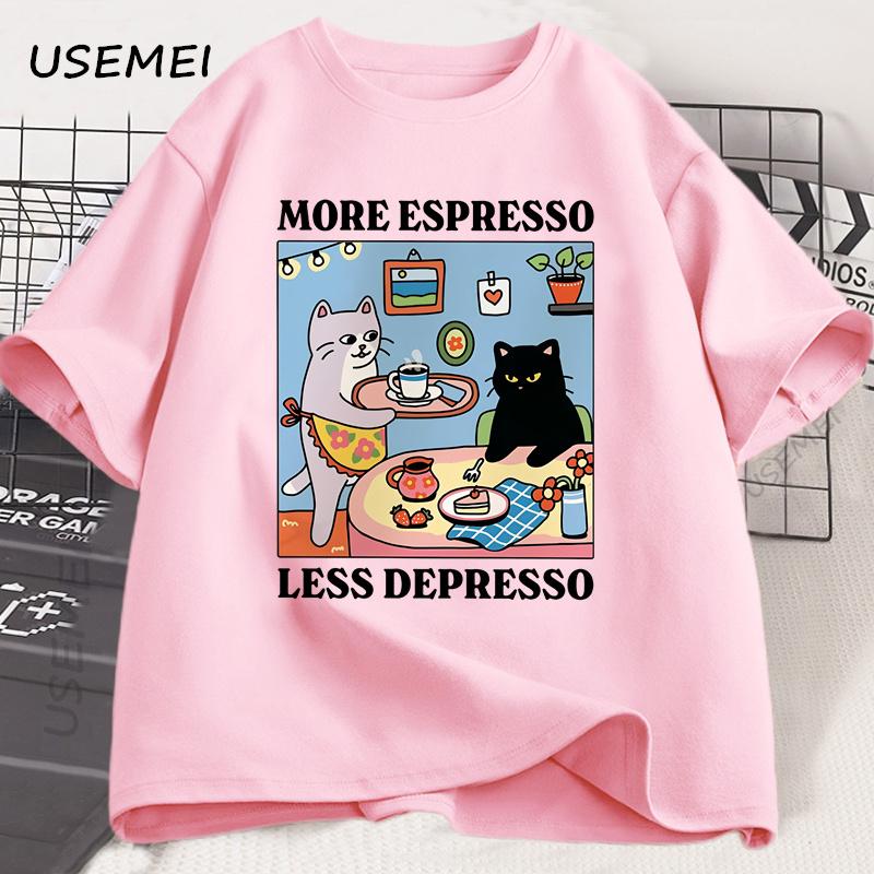More Espresso Less Depresso Black Cat Tshirt Unisex Women Funny Coffee Cat T Shirt Casual Summer Cotton Short Sleeve Tshirt Tops