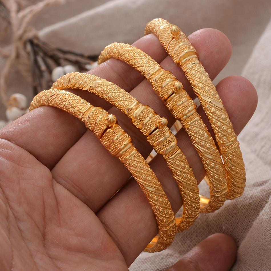 4pcs/Lot Dubai Bangles Ethiopian Gold Plated Color Wedding Bangles for Women Dubai Bride Bracelet African Arab Jewelry Middle East