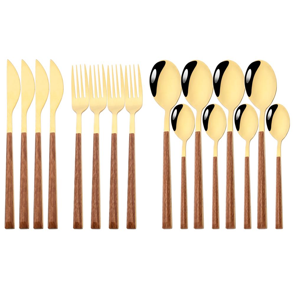 16/24/30Pcs Gold Imitation Wooden Handle Dinnerware Cutlery Set Stainless Steel Tableware Knife Fork Spoons Silverware Western Flatware