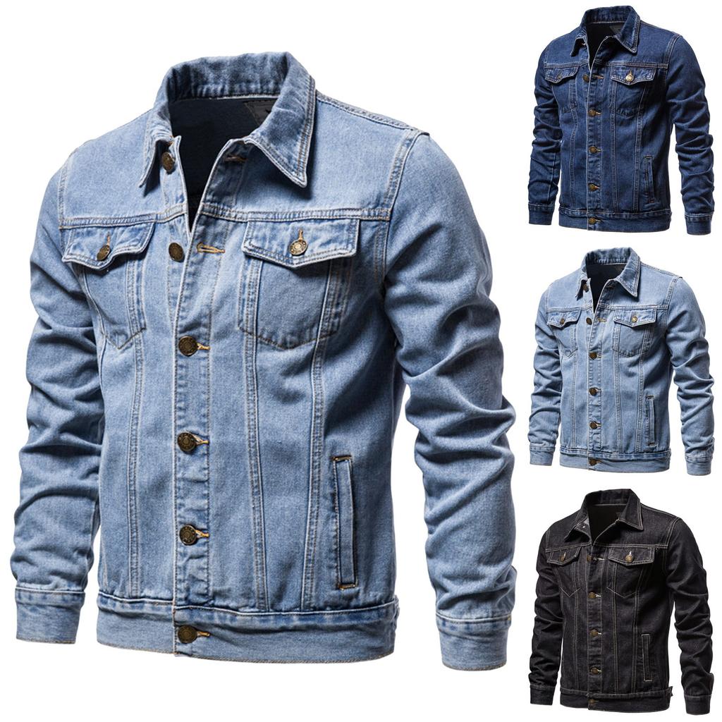 Men's Casual Workwear Long Sleeve Lapel Collar Denim Jacket Loose Multi Pocket Jacket Denim