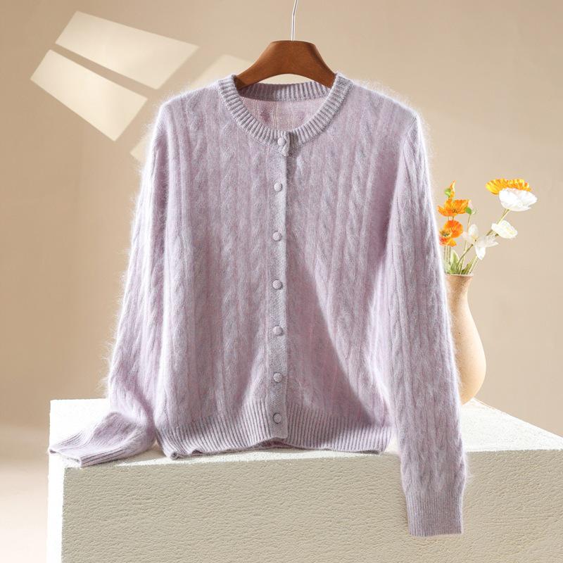 2026 Autumn/Winter Women's Cashmere Wool Cable Knit Cardigan - Long Sleeve, Round Neck Sweater Top