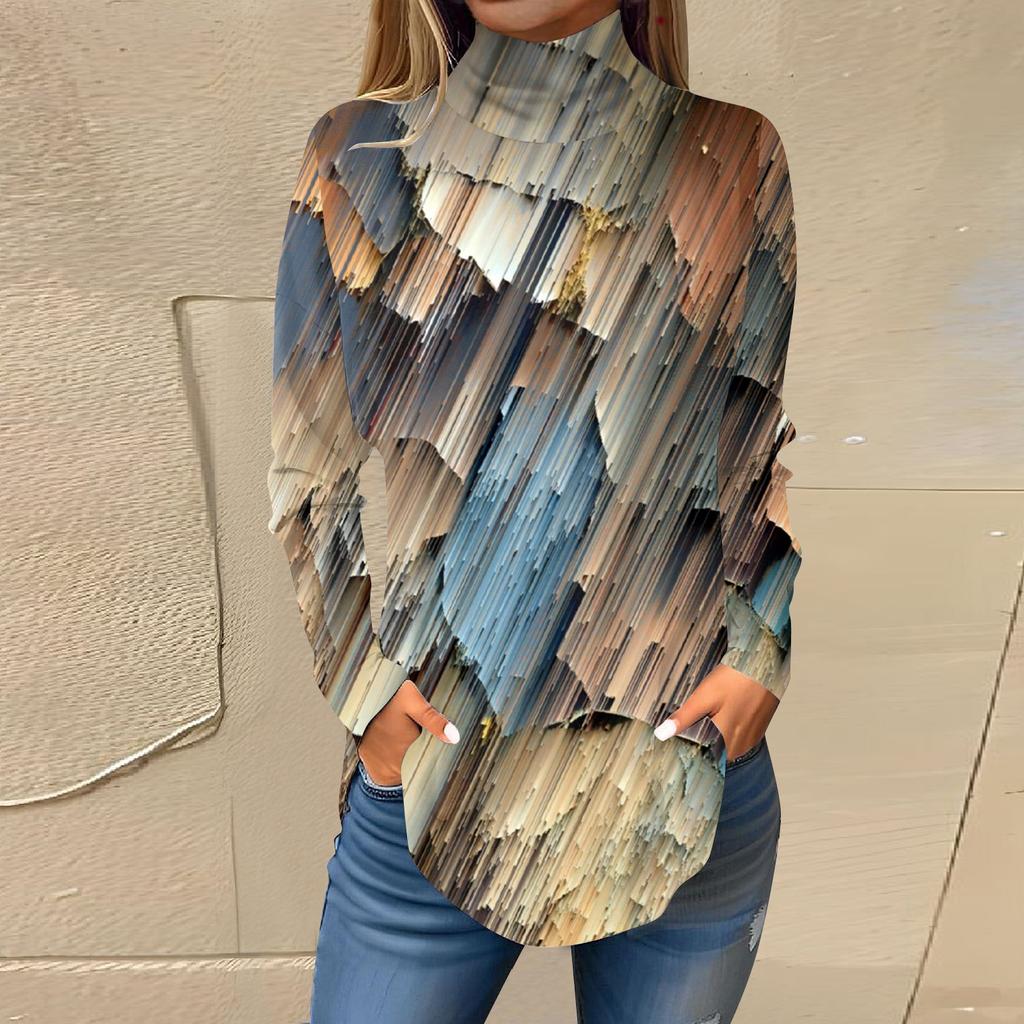 Women's Fashionable Casual High Neck Retro Printed Long Sleeve T-Shirt Pullover Top