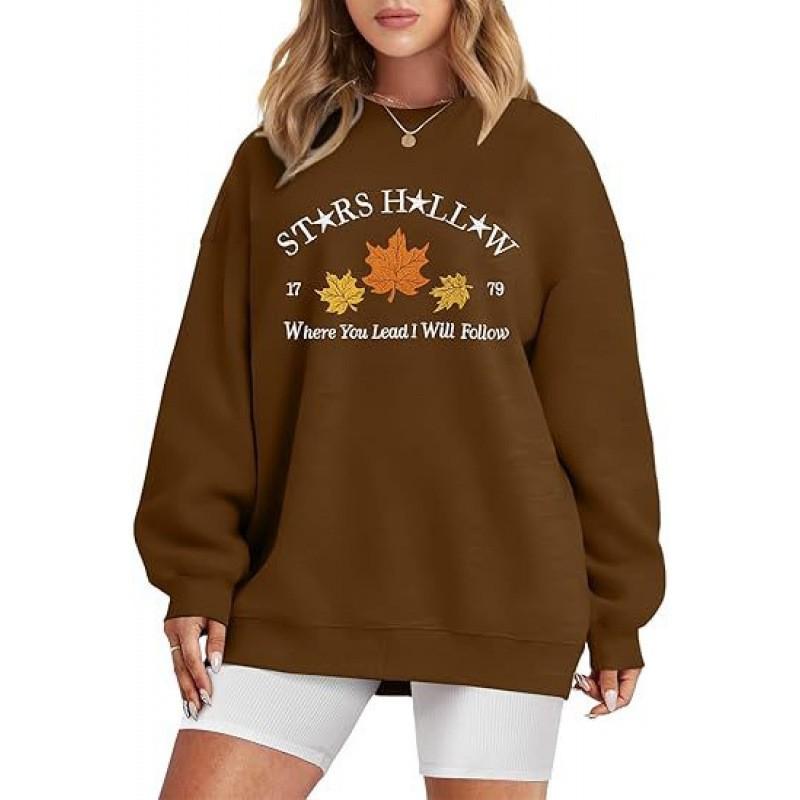 Womens Round Neck Sweatshirt Leaf Print Casual Long Sleeve Pullover Fall Winter