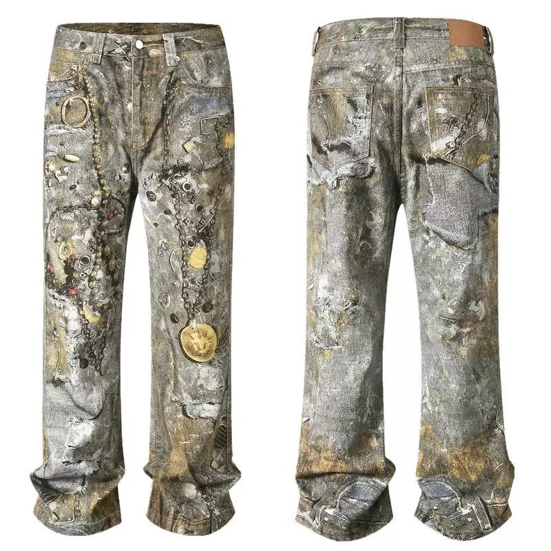 High Street прямые потертые грязные рваные синие джинсы брюки для мужчин винтажные повседневные свободные джинсовые брюки потертые лоскутные брюки-карго