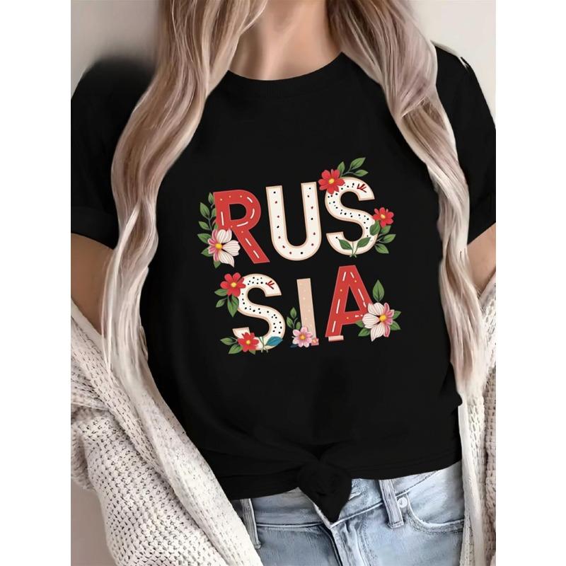 Европейские размеры Женская черная футболка в русском стиле, рубашка с коротким рукавом с принтом на кириллице, повседневный топ с круглым вырезом для культурной одежды