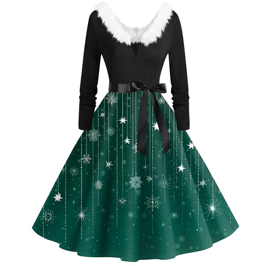 Женская мода с v-образным вырезом, повседневные тонкие рождественские платья с воротником из волос и длинными рукавами с принтом