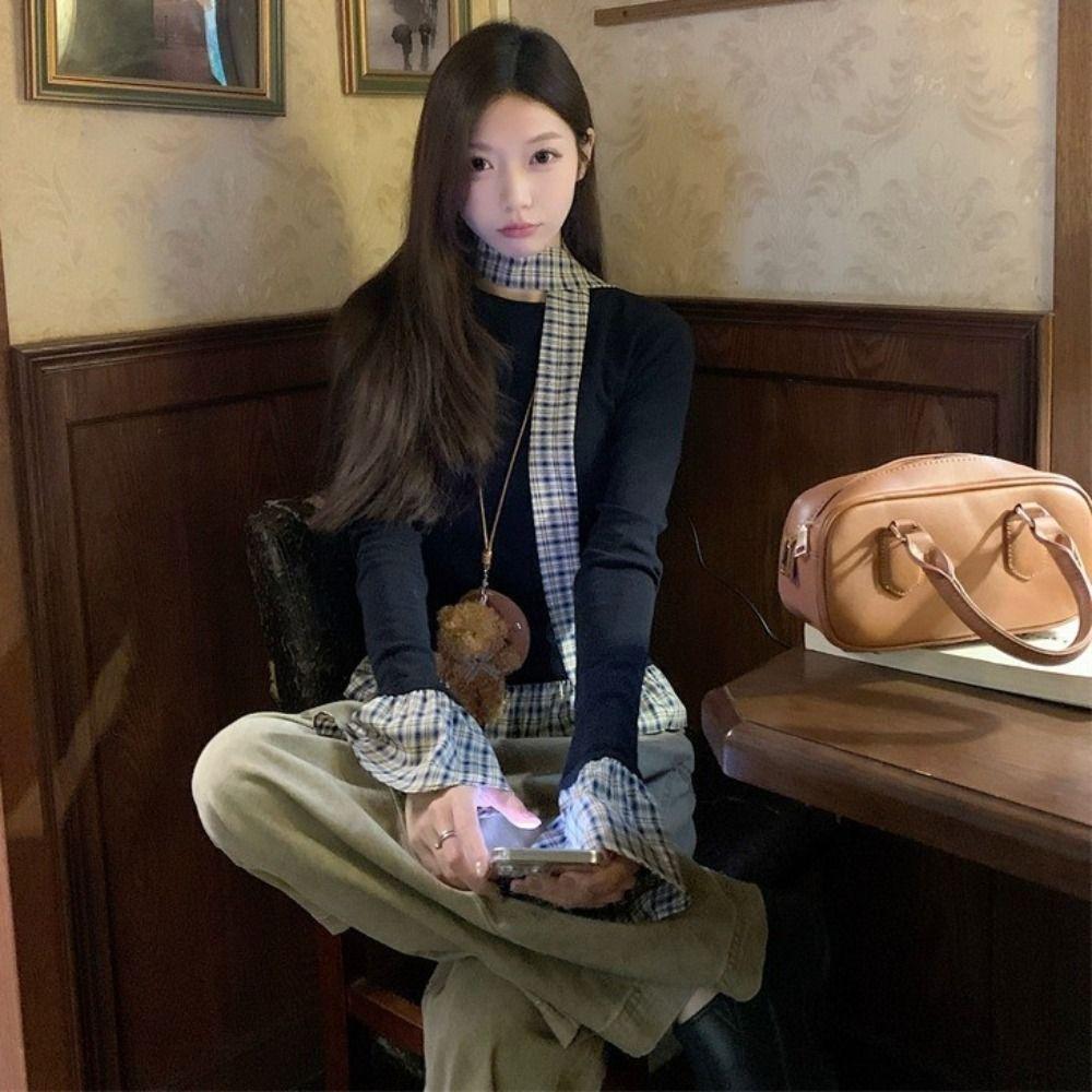 Майки Футболка с имитацией двойки Клетчатая с оборками Приталенный топ Мягкий топ с длинным рукавом Женский