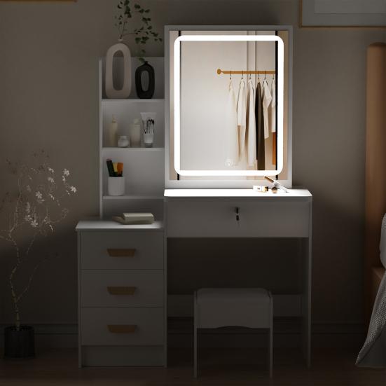 Vanity Desk with LED Lighted Mirror Makeup Mirror, Table 4 Drawers and Opening Shelves, Bedroom Dressing Stool
