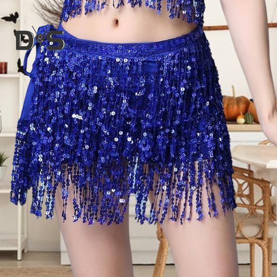 Женская юбка для танца живота с цепочкой, кисточками, пайетками, 3 слоя, на шнуровке, в стиле бохо, клубная одежда для выступлений, мини-юбка для латинских танцев, короткая юбка для тренировок, бедра, талия