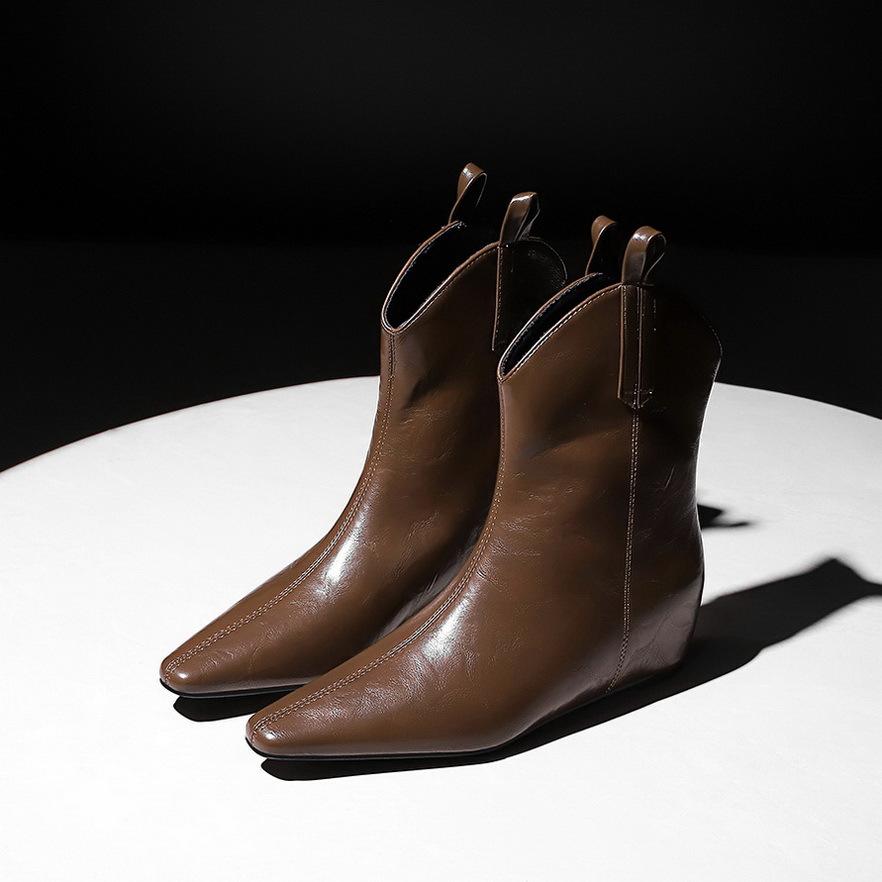 Woman Leather Short Boots Square Head Low-barrel Elastic French Style Short Boots 2024 Autumn Chic Back Zip Casual Short Boots