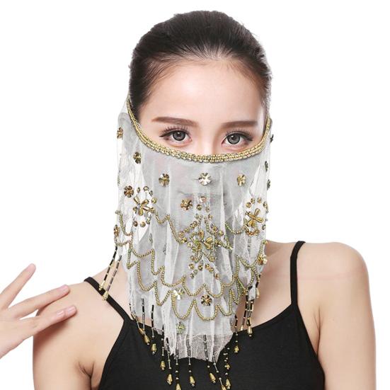 Performance Veil Flower Sequins Beads Decor See-through Lace Belly Dance Tribal Face Veil Breathable Fabric Adjustable Strap Indian Dance Veil