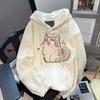 Осень-зима Женская толстовка с капюшоном на эластичных манжетах с завязками на резинке, плотная флисовая вышивка с изображением кота, большой размер, накладные карманы, свободный пуловер с длинными рукавами, теплый парный топ