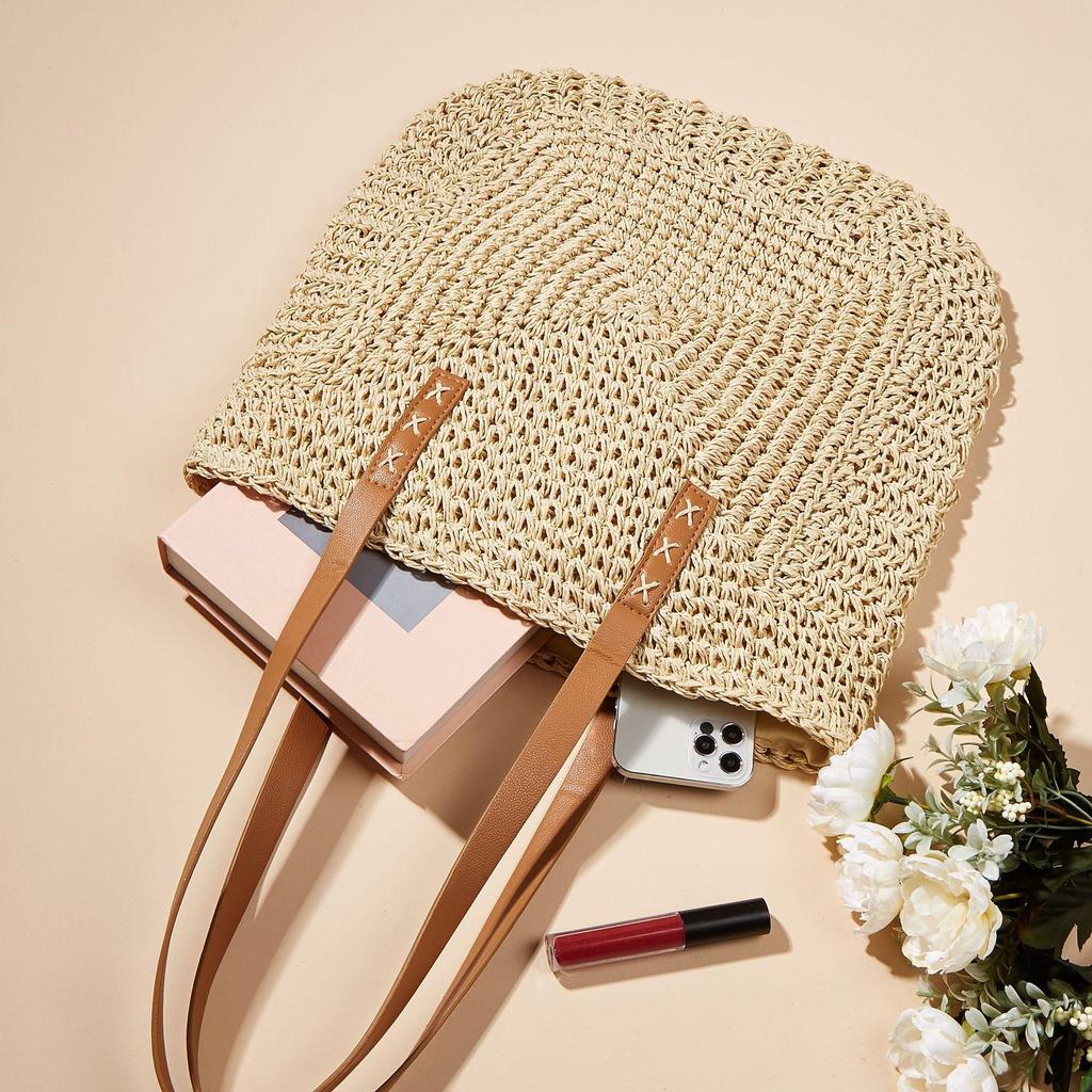 Vintage Straw Woven Shoulder Shopping Bag Casual Women Summer Large Capacity Beach Totes