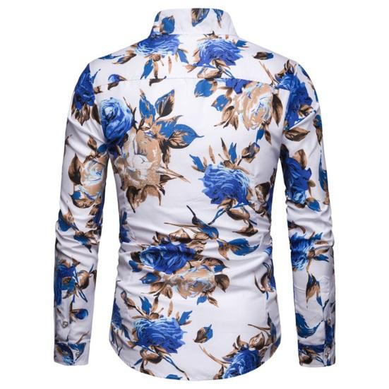 Men Spring Summer Shirt Turn-down Collar Single-breasted Slim Fit Long Sleeve Buttons Soft Breathable Vivid Flower Print Mid Length Men Top