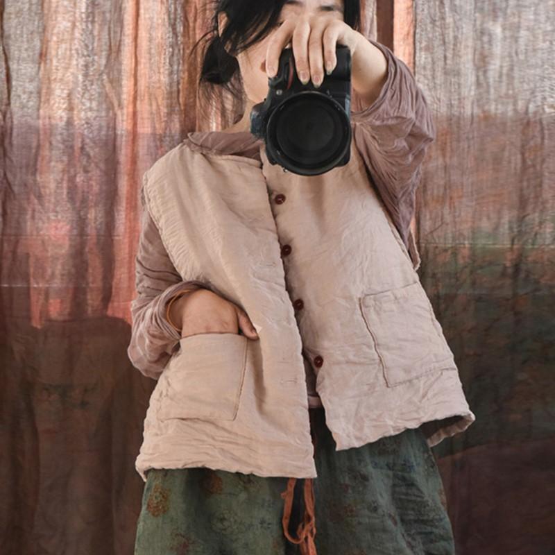 Johnature Women Vintage Button Vests Coats Plus Cotton Solid Color Clothes Spring O-Neck Women Vests Coats