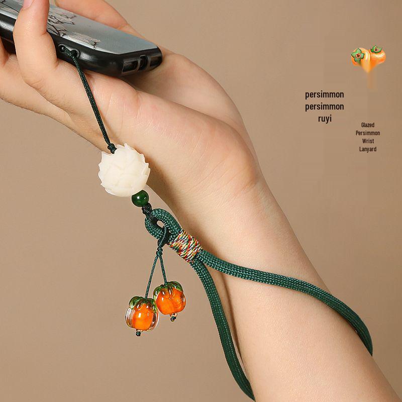 Persimmon Ruyi Mobile Charm: Glazed Pendant Keychain with Anti-Lost Wrist Lanyard for Men & Women