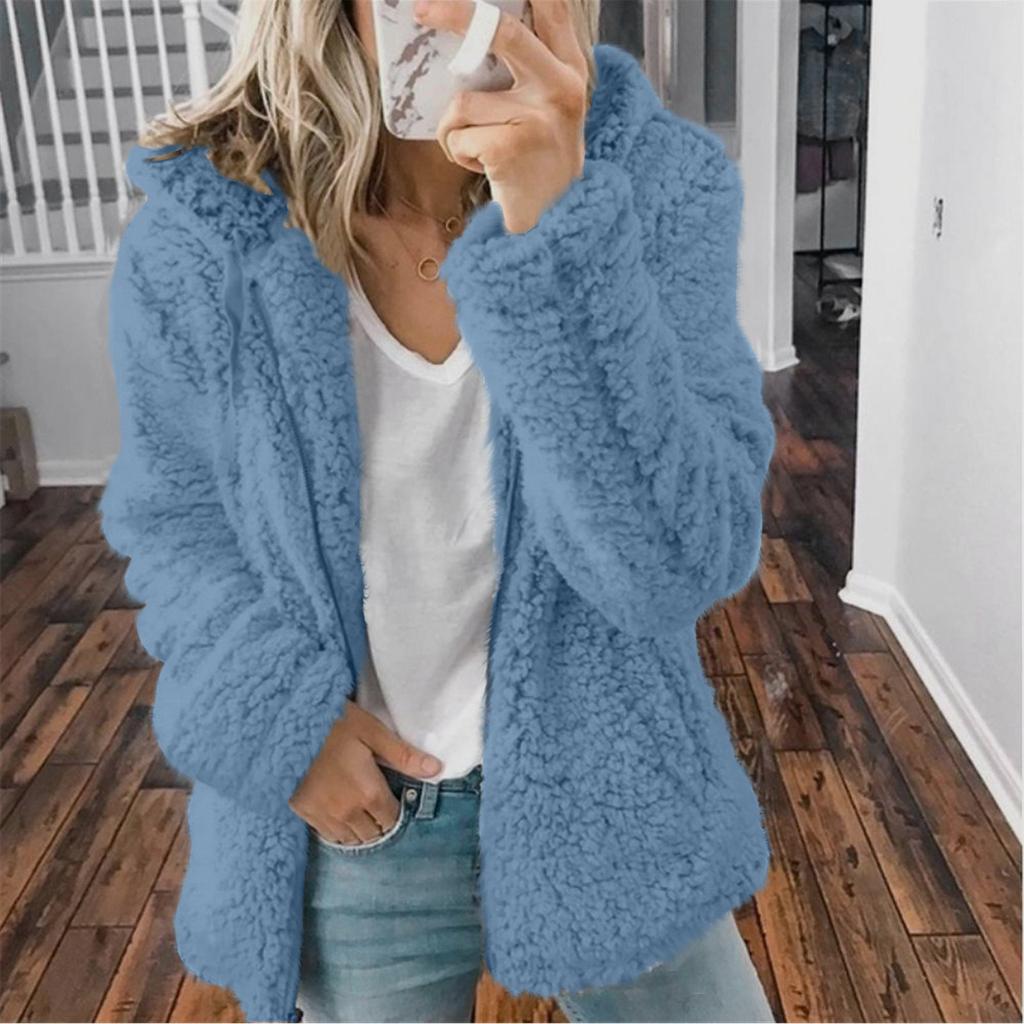 Женская мода сплошной цвет куртка с длинным рукавом на молнии с капюшоном плюшевое пальто