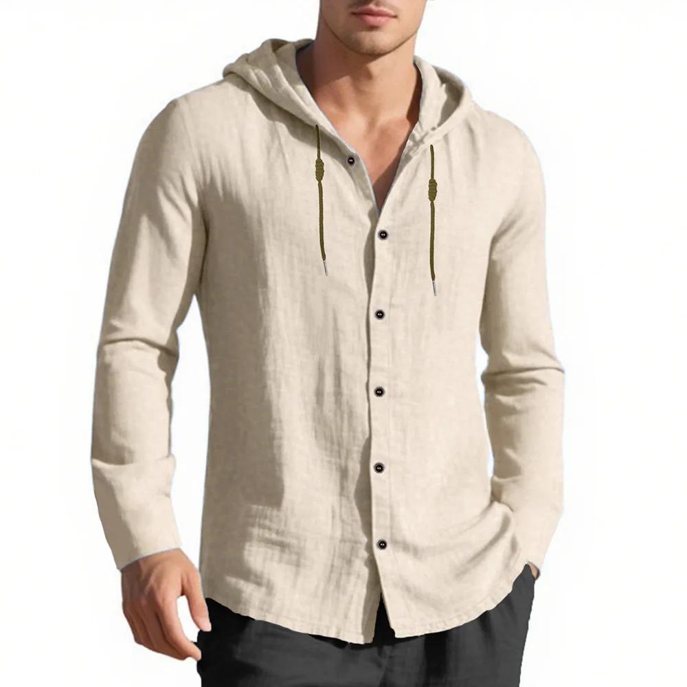 Мужская рубашка с капюшоном, однобортная, хлопок-лен, легкая, весенне-летняя, с длинным рукавом, с кулиской, в отпускном стиле, топы