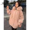 Розовые меховые пальто женские зимние новые лоскутные молнии с капюшоном меховые куртки корейская мода теплые толстые женские куртки верхняя одежда