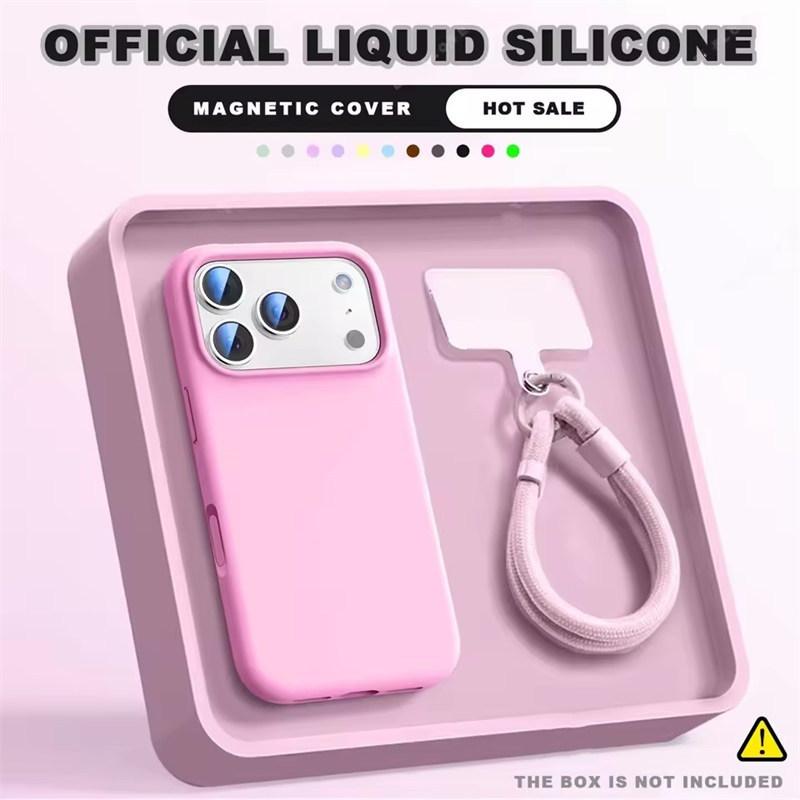 Чехол-бампер с ремешком на запястье и магнитом для iPhone 16E 14 15 Plus 12 13 16 17 Pro Max Air Magsafe Жидкий силикон Чехол-ремешок