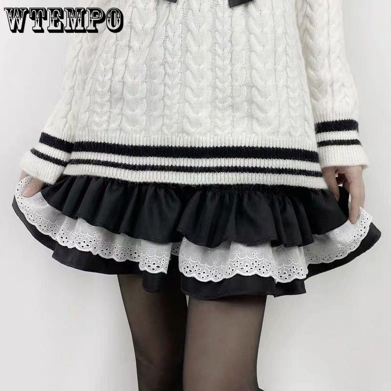 WTEMPO Готические кружевные мини-юбки с рюшами, женские летние Harajuku Fairy Grunge, черно-белая плиссированная юбка, уличная одежда в стиле японской Лолиты