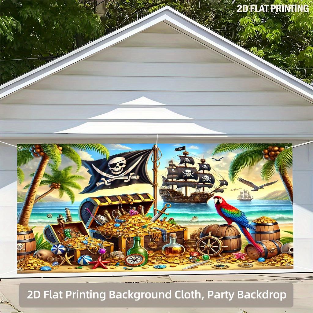 Garage banner - 2D flat printing, banner, beautiful scene of pirates' treasure and seagulls soaring, garage background c