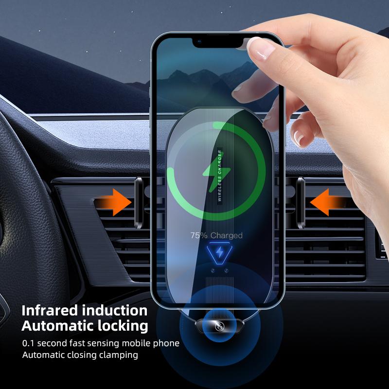 A9 Wireless Phone Charger Mount Clamp Auto-Sensing Cell Phone Clip Bracket Holder for Car Air Vent