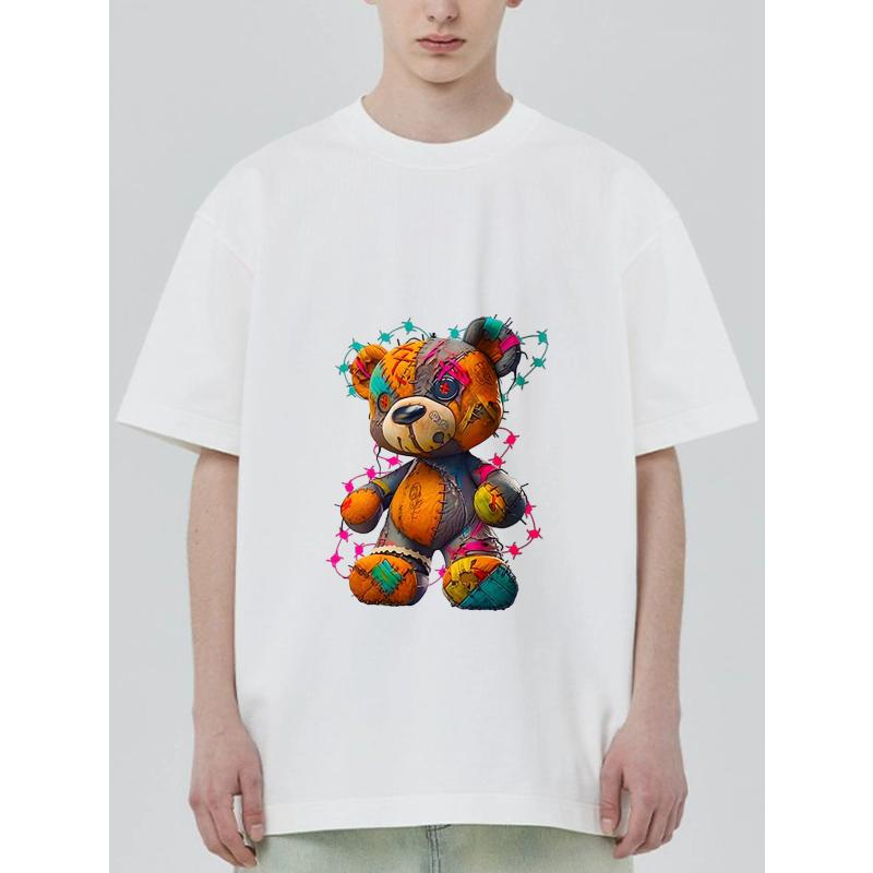 Crewneck T Shirt Black Colorful Patchwork Teddy Bear Graphic Print Casual Streetwear Fashion Unisex Top for Men and Women Daily Wear Outfit